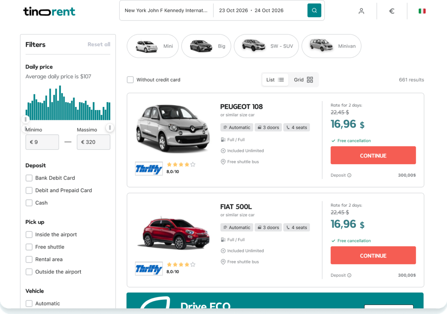 TiNoleggio search results page with rental car offers and filters