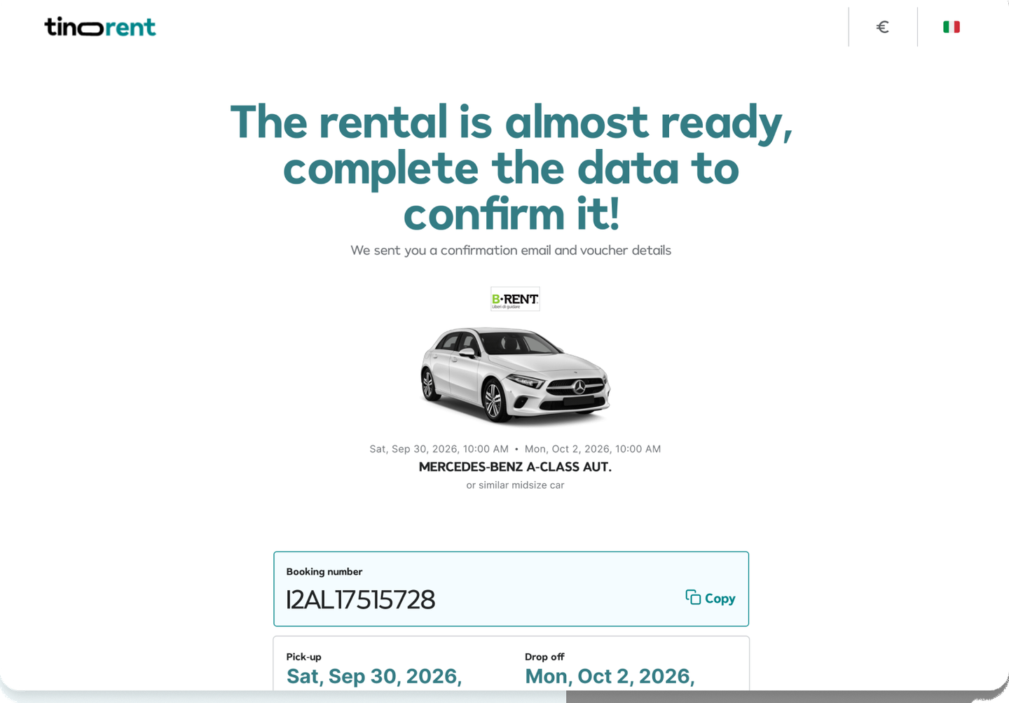 TiNoleggio booking confirmation screen