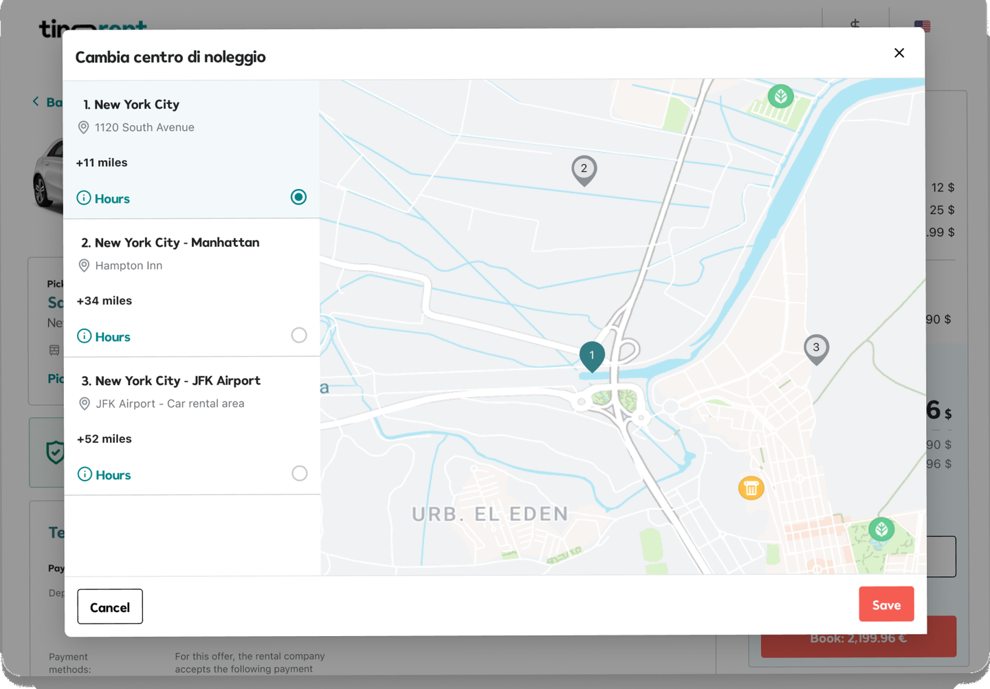 TiNoleggio pickup location map selector