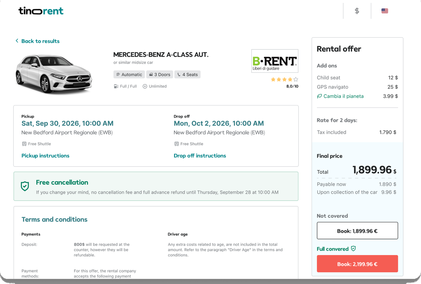 TiNoleggio rental offer summary with insurance options