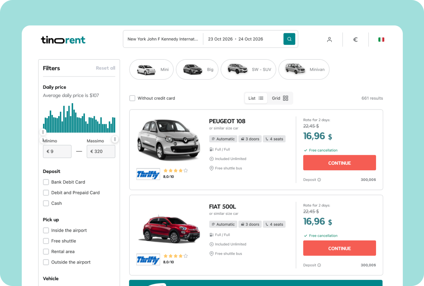Tinorent car rental search results with price filters and vehicle cards