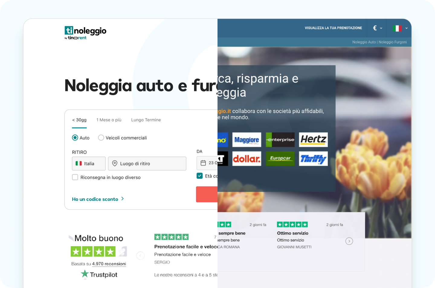 TiNoleggio homepage redesign compared with the previous version