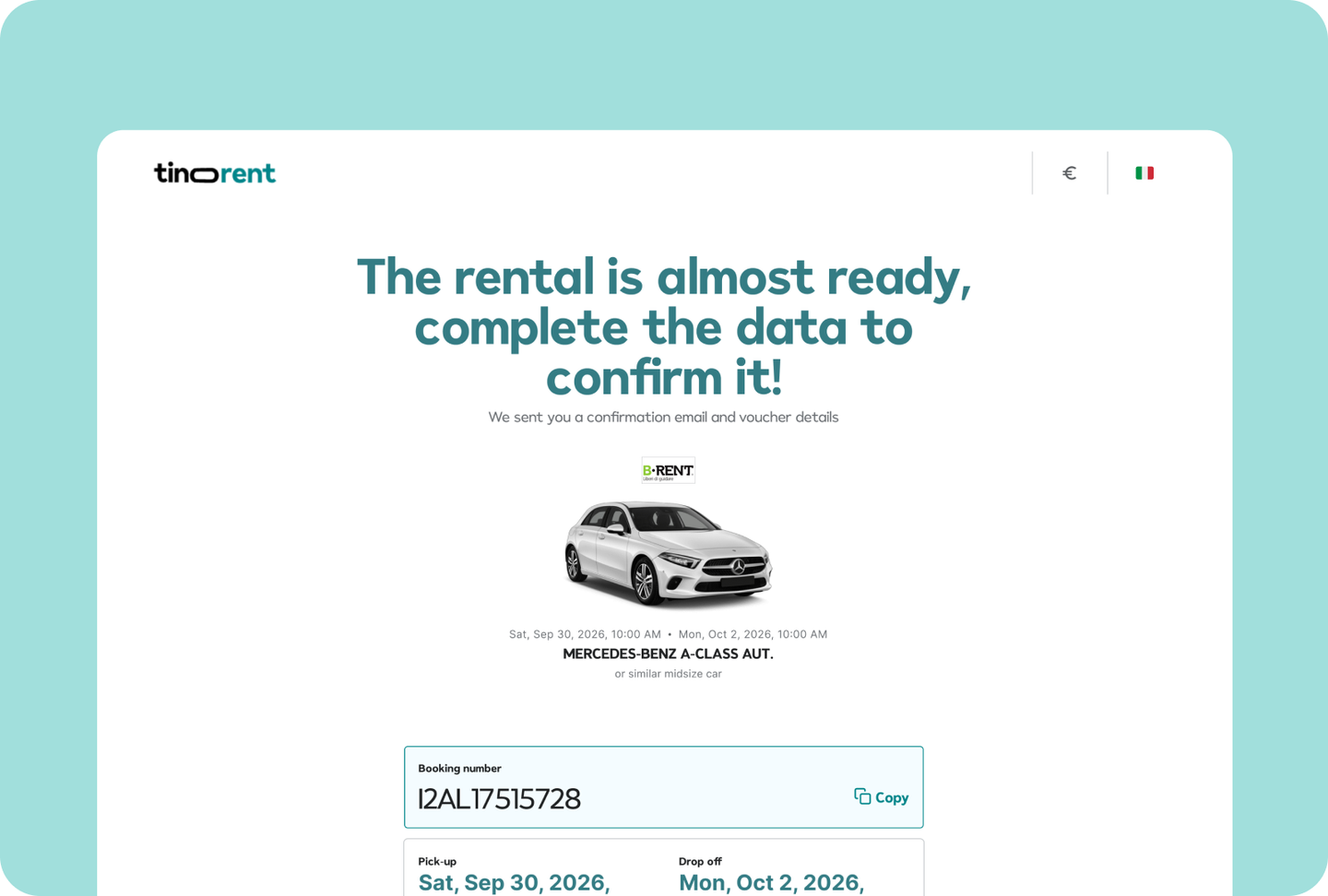 Tinorent booking confirmation page with booking number