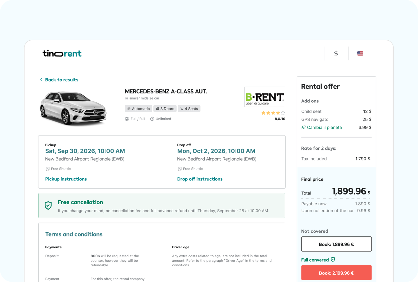 Tinorent checkout with rental offer, add-ons and insurance options