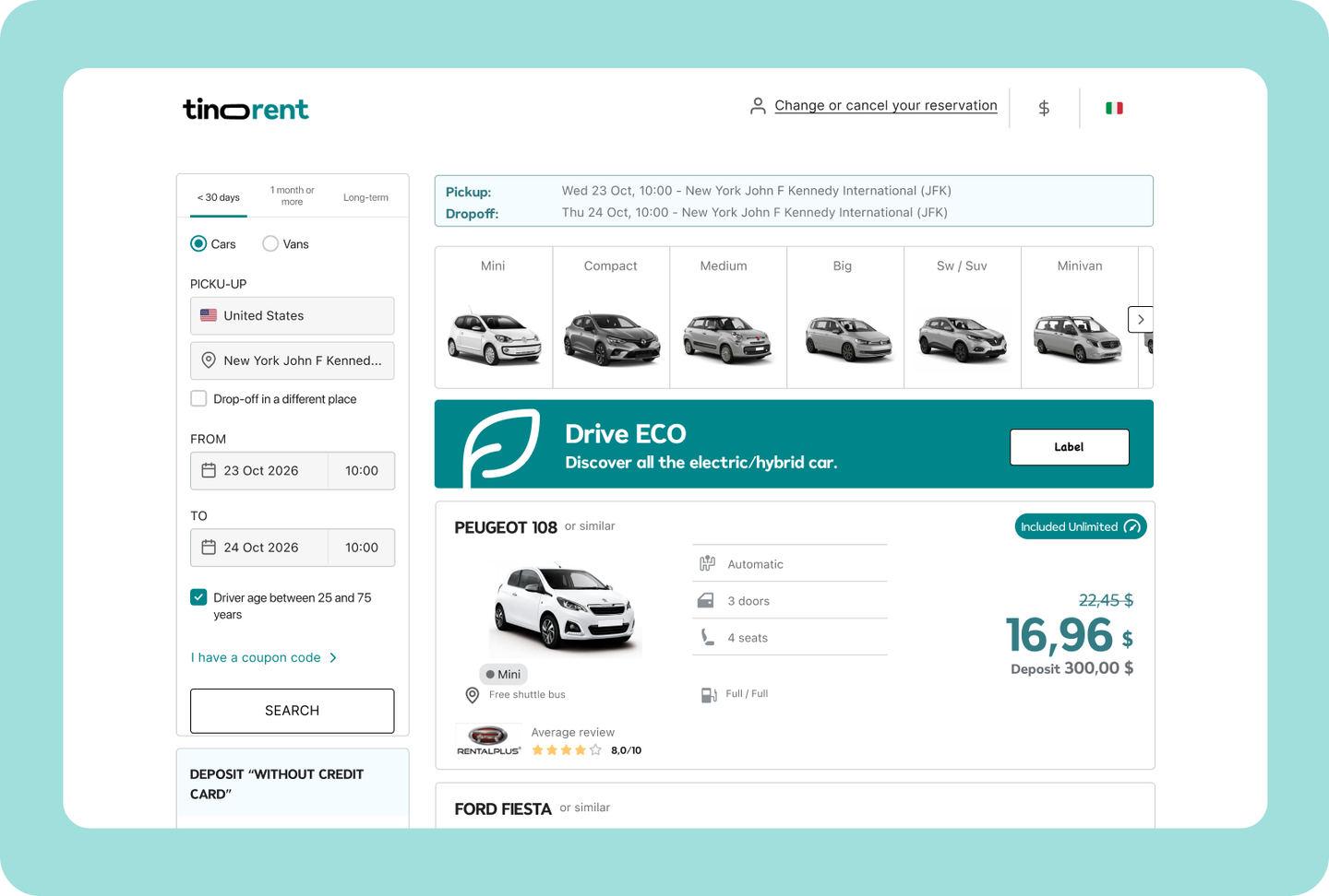 Redesigned Tinorent search results page with Drive ECO banner