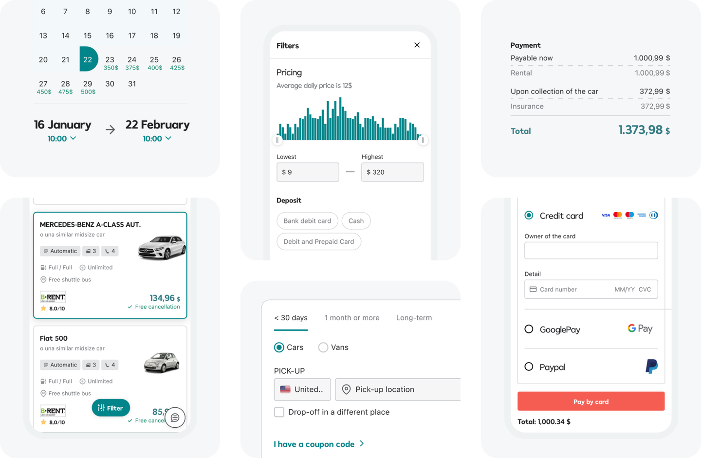 Tinorent mobile components for dates, filters, results and payment