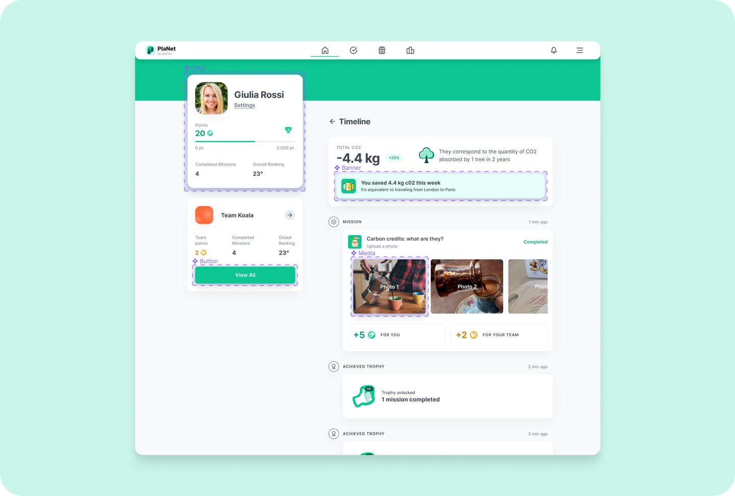 Up2You timeline interface with highlighted components