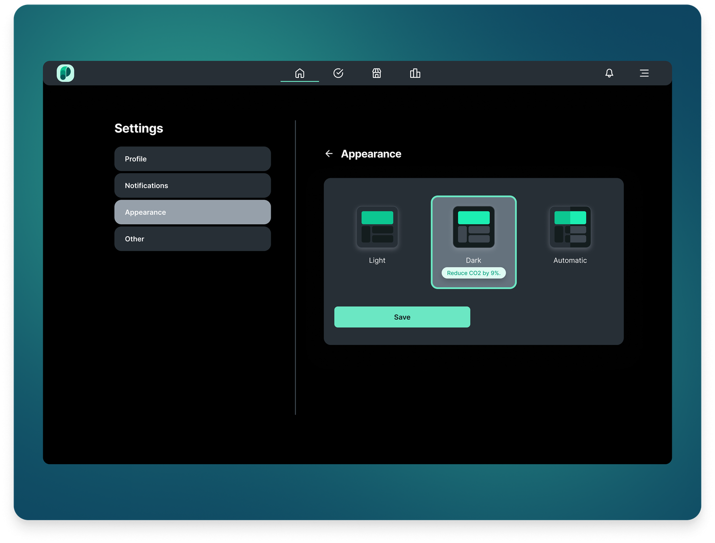 Up2You PlaNet appearance settings with light, dark, and automatic theme picker