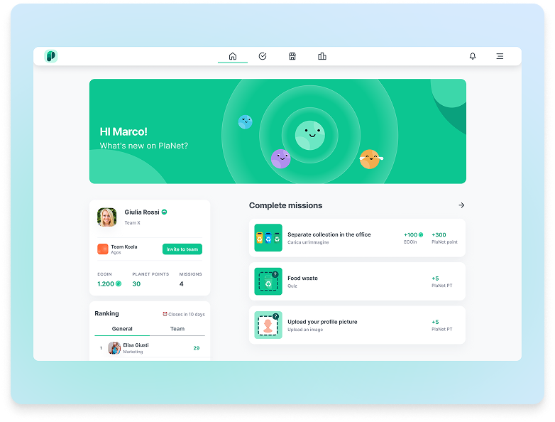 Up2You PlaNet dashboard with missions and team ranking