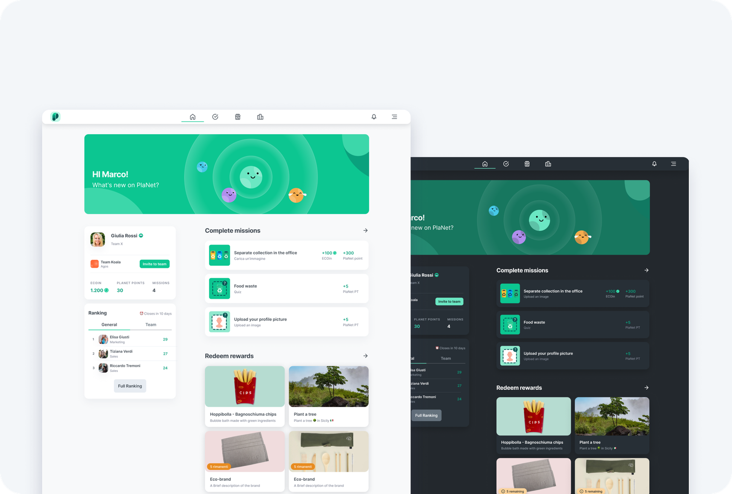 Up2You PlaNet dashboard in light and dark mode