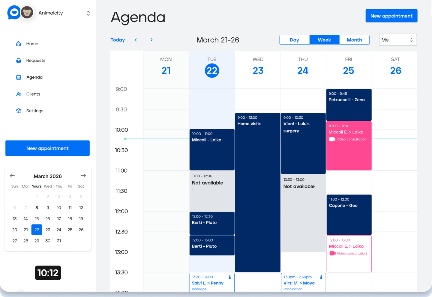 Veterly web app weekly agenda with vet appointments