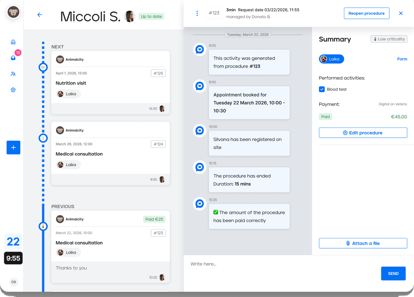 Veterly client timeline with procedure chat and summary
