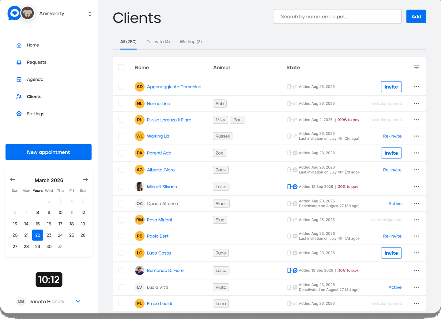 Veterly clients list with pets and invitation status
