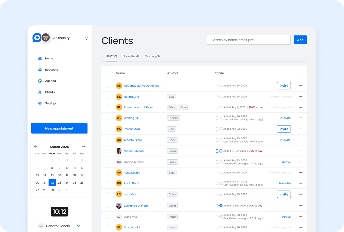 Veterly clients page with pets and invitation status