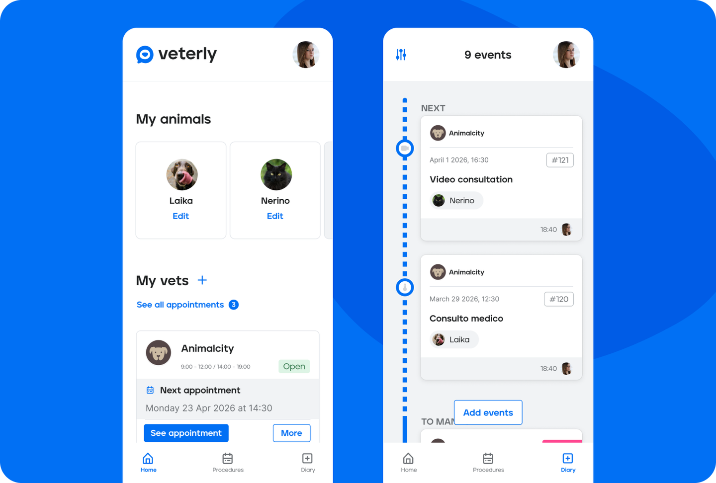 Veterly mobile app for pet owners with animals and procedure diary