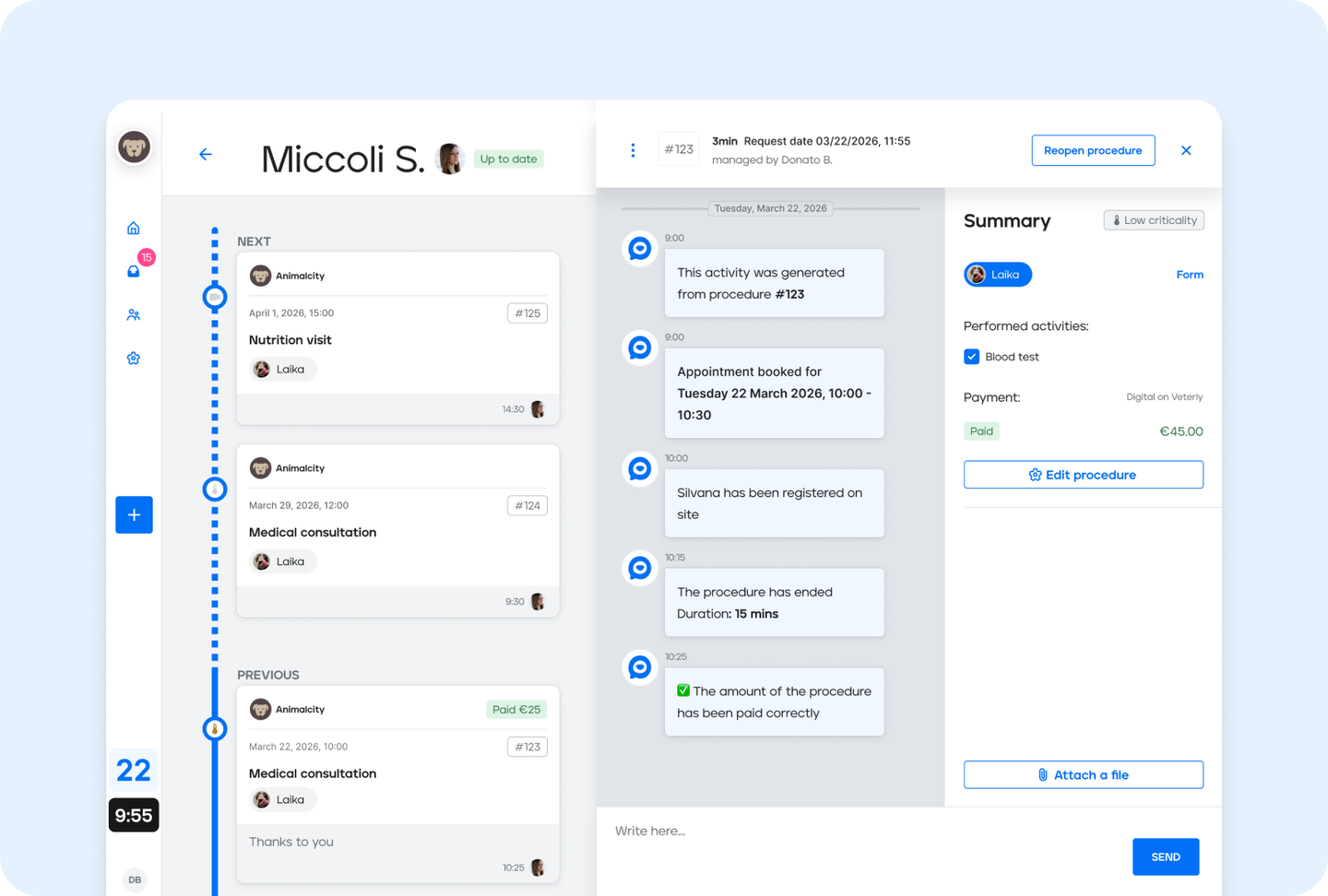 Veterly procedure detail with activity log and payment summary