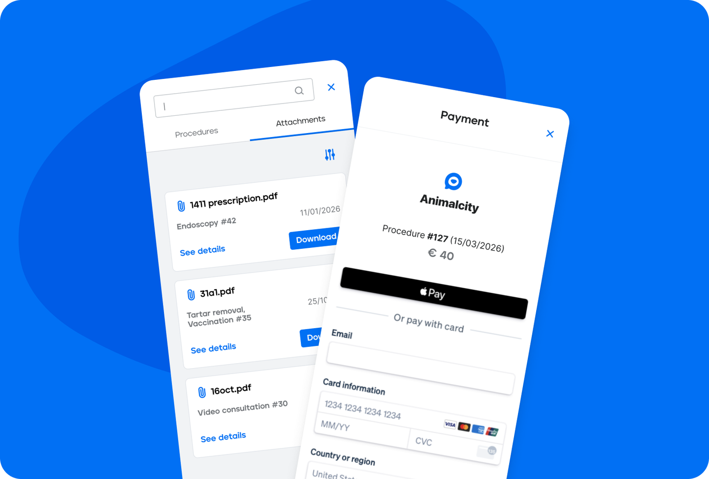 Veterly mobile attachments and in-app payment screens