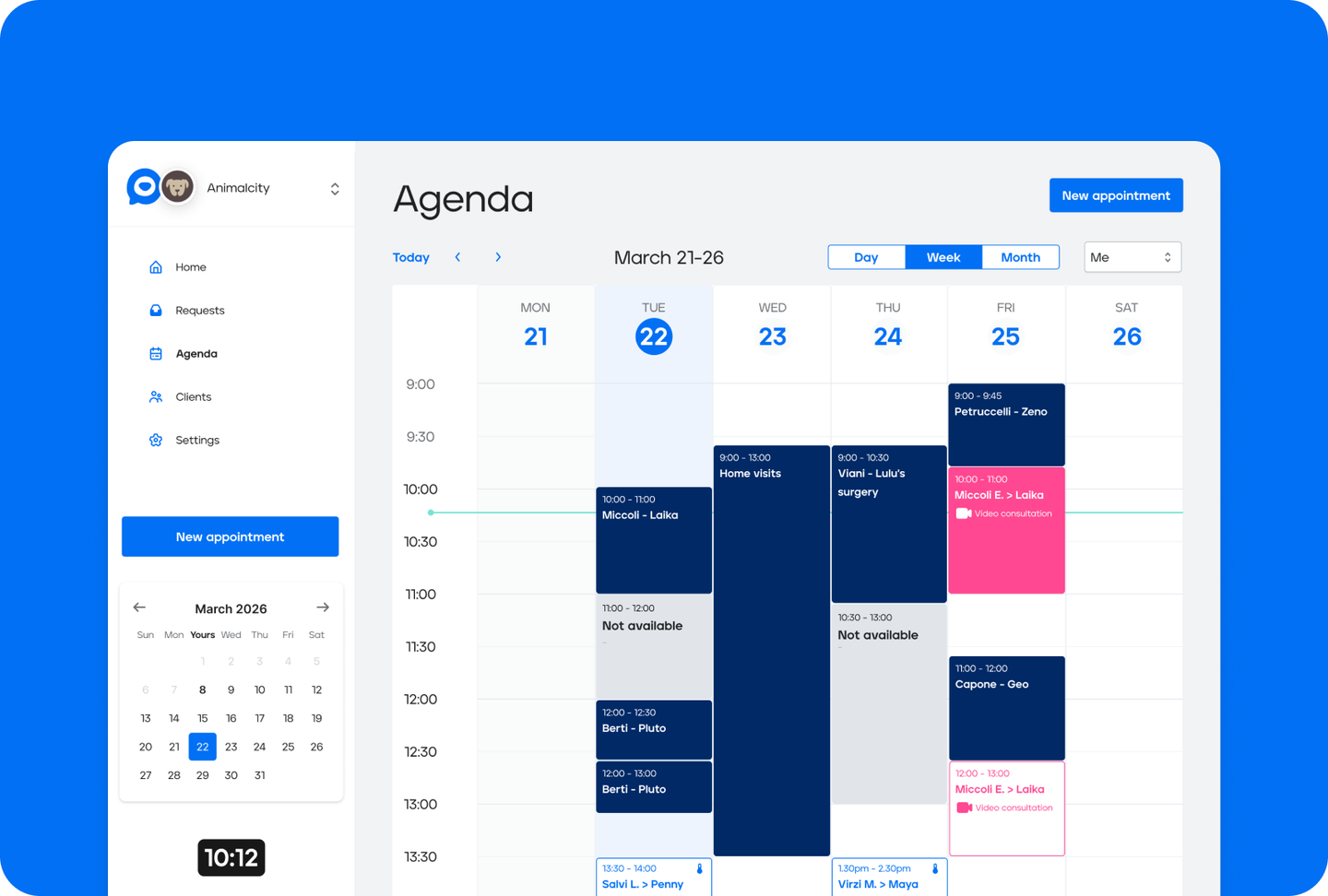 Veterly agenda with appointments and video consultations