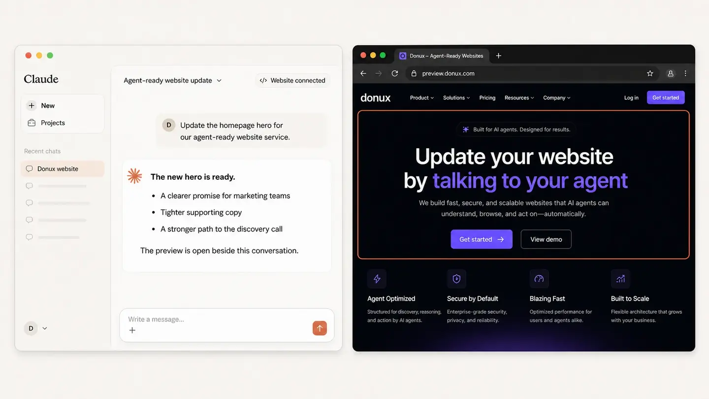 Claude presenting an updated website preview in a separate browser