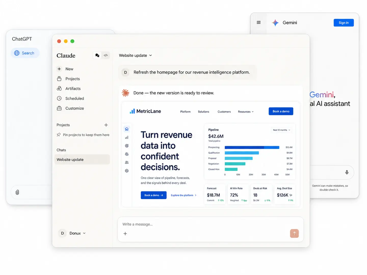 A revenue intelligence SaaS homepage updated in Claude, with ChatGPT and Gemini visible as familiar alternatives