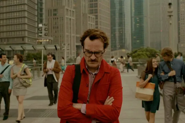 Joaquin Phoenix as Theodore in Her, talking to Samantha through a small earpiece